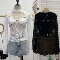 Pydshop Women'S Retro Lace Ribbon Hollow Out Long Sleeve Top Sexy Slim Fitting Bottoming Shirt  Y2K Palace Style Partyclub Streetwear