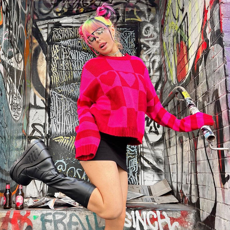 Heart Long Sleeve Rib Knit Sweater - Red