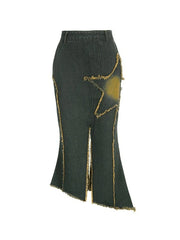 Slit Vintage Star Embroidered Denim Maxi Skirt