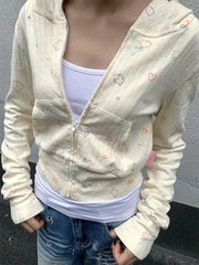 Pydshop Sweet Floral Print Hoodie Sweatshirts 2024 Autumn New Slim Fit Tops Mujer Y2K Grunge Long Sleeve Zipper Cardigan Jackets