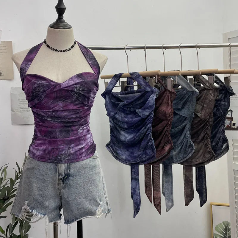 Pydshop Tie Dye Denim Print Pleated Mesh Camisole Women'S Halter Tie Bow Halter Crop Top Cute Party Sweats Holiday Mini Vest Summer Tee