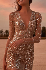Fashion Elegant Patchwork Sequins See-Through Mesh V Neck Pencil Skirt Dresses