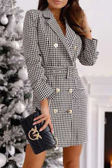 Fashion Elegant Print Buckle With Belt Turn-Back Collar Dresses
