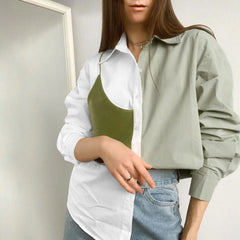 Contrast Color Panel Trim Long Sleeve Shirt - Green