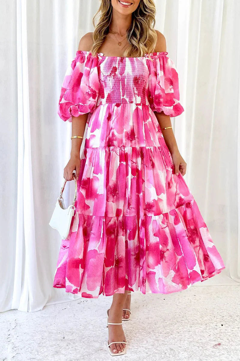 Sexy Floral Patchwork Off The Shoulder Cake Skirt Dresses