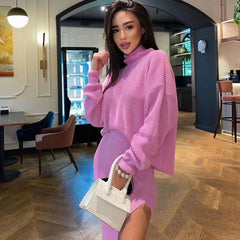 Turtleneck Sweater High Split Midi Skirt Matching Set - Pink