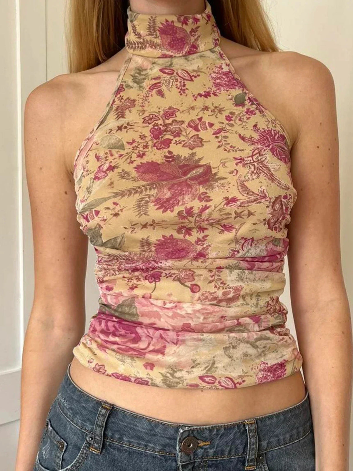 Pydshop Boho Floral Print Turtleneck  Halter Top