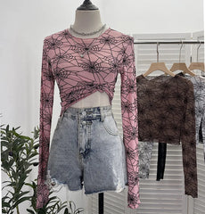 Pydshop Spider Print Mesh See Through Bottoming  Long Sleeve T-Shirt Dark Hot Girl Slim Short Top Y2K Partyclub Wear Daily Essential9908