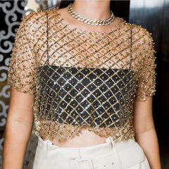 Pydshop Mesh Splice Sequins Cover-Up Women Sexy See Through Short Sleeve Crop Tops Ladies 2024 Party Beach Shirts Cover Up Femmechristmas Gifts
