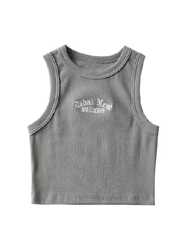 Letter Embroidery Ribbed Cropped Tank Top