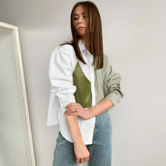 Contrast Color Panel Trim Long Sleeve Shirt - Green