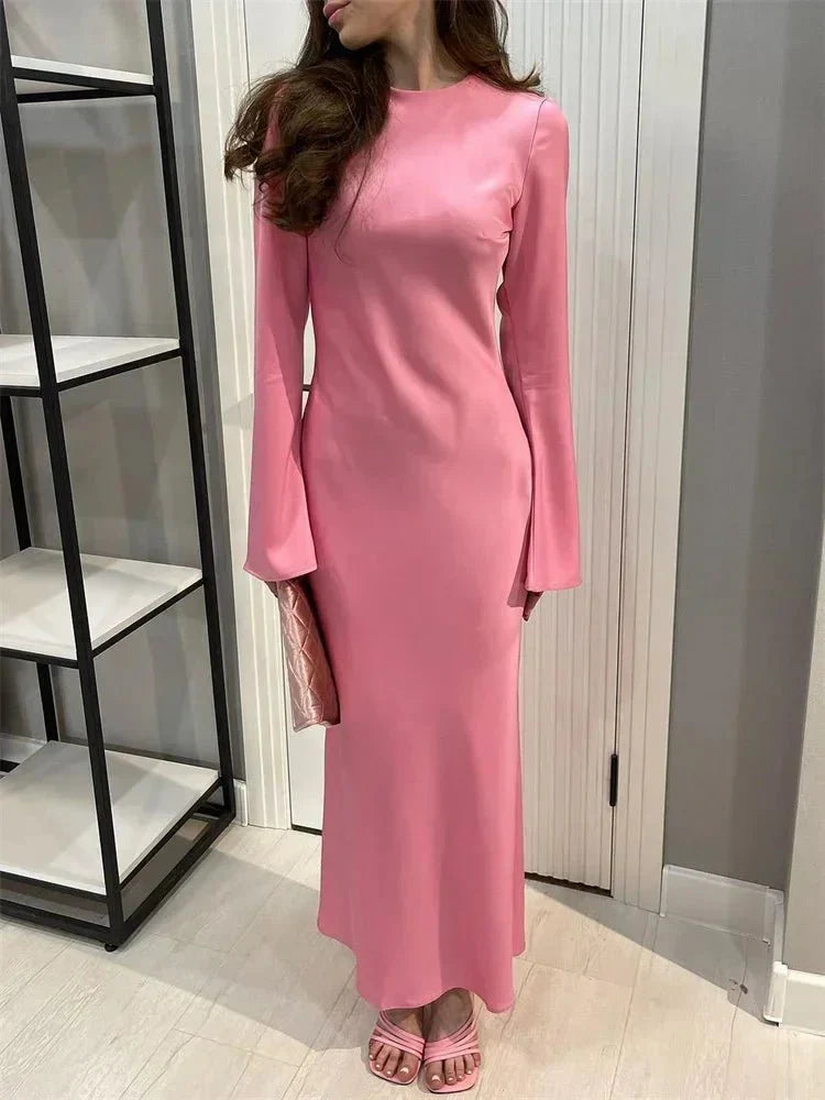 Satin Slim Long Sleeve High Waist Solid Party Dress