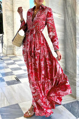 Street Print Buckle Polo Collar A Line Dresses(3 Colors)