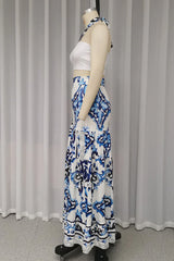 Casual Vacation Floral Print Lace Up Patchwork Ruffle Halter Sleeveless Two Pieces