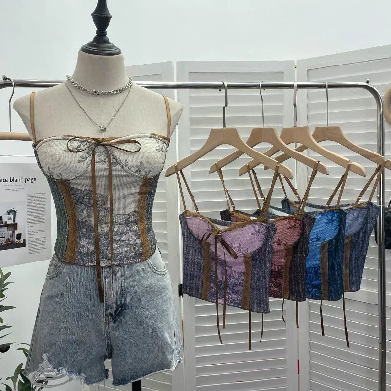 Pydshop Women Retro Ink Painting Adjustable Spaghetti Straps Camisole Bandeau Top With Padded Breasts Slim Fit Tube Top Party Streetwear