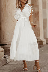 Elegant Solid Flounce Strap Design V Neck Pleated Dresses(6 Colors)