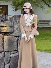 Pydshop French Women Autumn 2 Pieces Set Elegant Long Sleeve Blazer Bow Top Casual A-Line Midi Skirt 2023 Spring Solid Lady Clothes