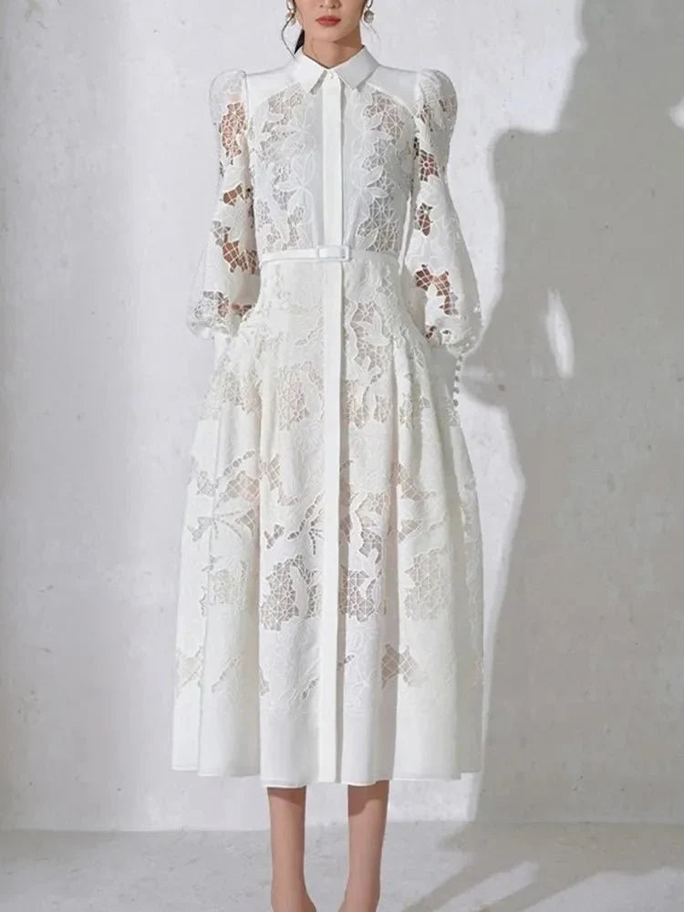 White Lace Puff Sleeve High Waist Slit Dress