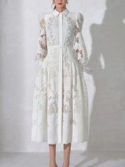 White Lace Puff Sleeve High Waist Slit Dress