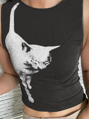 Cat Print Cropped Tank Top
