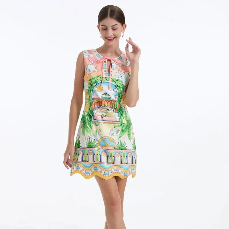 Sleeveless With Bow Cartoon Print Mini Dress