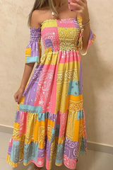 Fashion Print Split Joint Off The Shoulder Waist Skirt Dresses