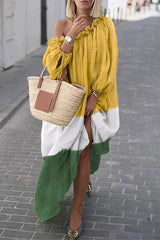 Casual Color Block Contrast Off The Shoulder Irregular Dress Dresses