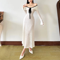 French Retro Off-The-Shoulder Long-Sleeved Dress