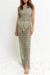 Casual Solid Tassel Hollowed Out See-Through Slit O Neck Beach Dresses