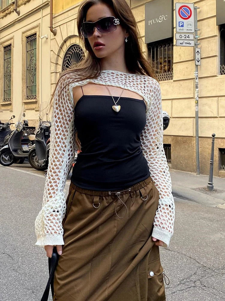 Pydshop High Street Spice Fashion Hollow Out Broken Knitted Hotel Party Casual Lace Up Top Garment Long Sleeve Shawl Accessories0821
