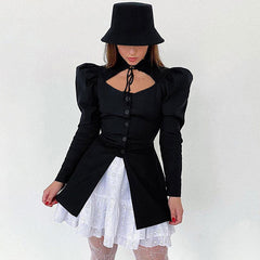 Cute Cut Out Ruffle Long Sleeve Blouse - Black