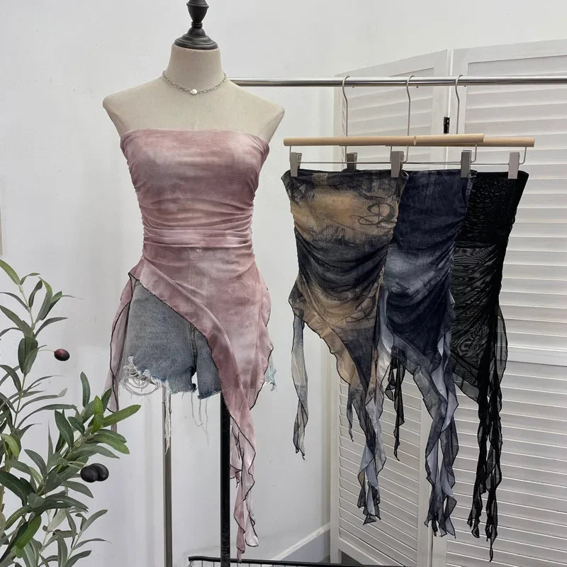 Pydshop Women'S Tie Dye Ruffled Ribbon Mesh Tube Top Irregular Mesh Sleeveless Tube Top Sexy Backless Vest Party Leisure Essential Y2K