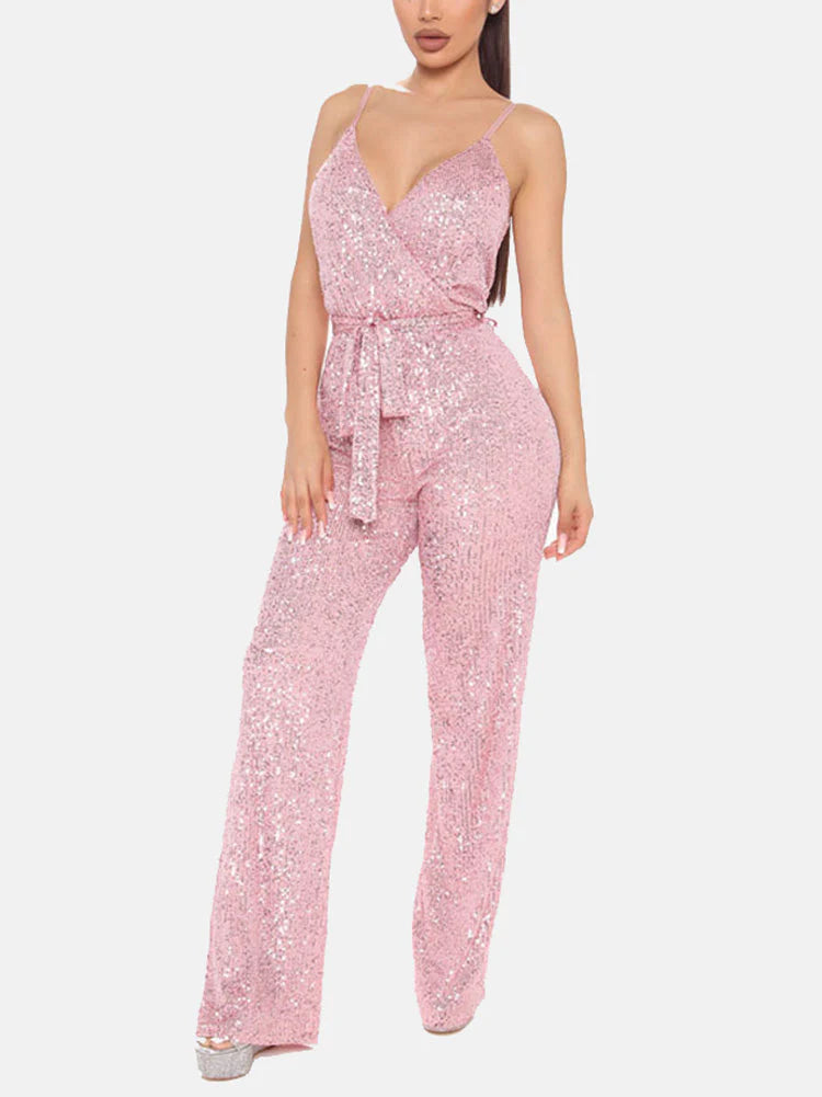 Sequin Sleeveless Jumpsuit With Belt