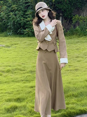 Pydshop French Women Autumn 2 Pieces Set Elegant Long Sleeve Blazer Bow Top Casual A-Line Midi Skirt 2023 Spring Solid Lady Clothes