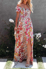 Elegant Vacation Floral Patchwork Off The Shoulder Printed Dress Dresses