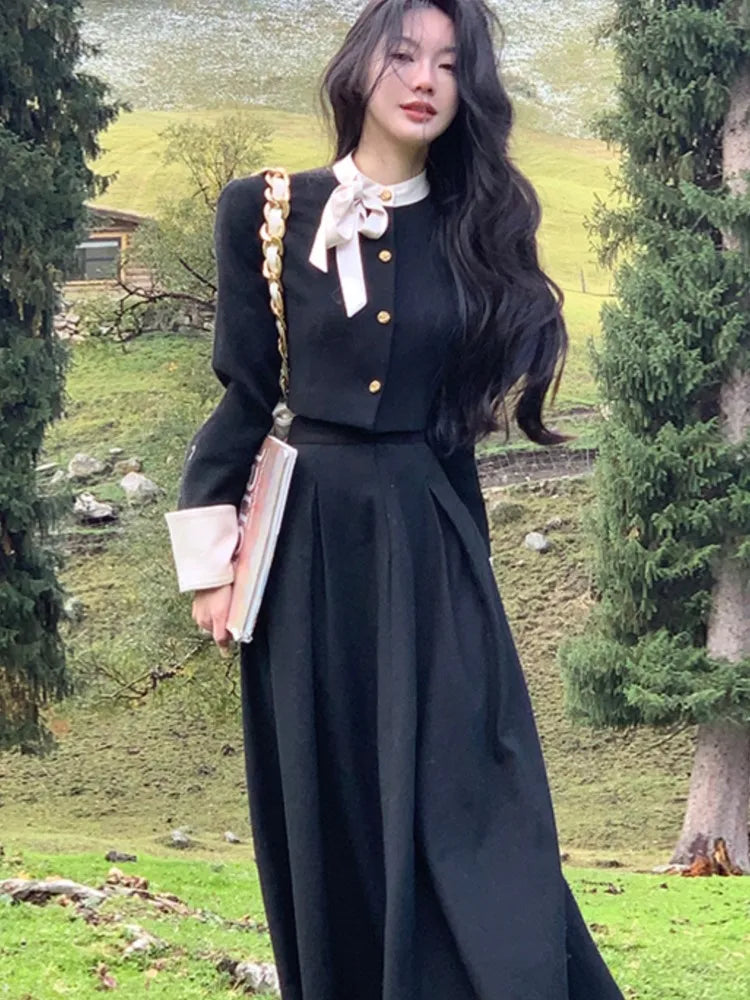 Pydshop Korean Style Two Piece Set Women Spring Autumn Trend Long Sleve Lace Up Single Breasted Top + A-Line Midi Skirt Fashion Female