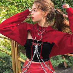 Street Style Chain Long Sleeve Cropped Hoodie - Red