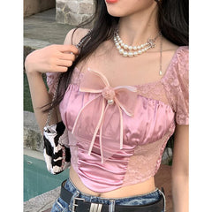 Graduation Gift Summer Women'S Wear Blouse Korean Lace Pink Women Shirt 2023 New Short Sleeve Lace Satin Panel Shirts Sexy Female Cropped Tops