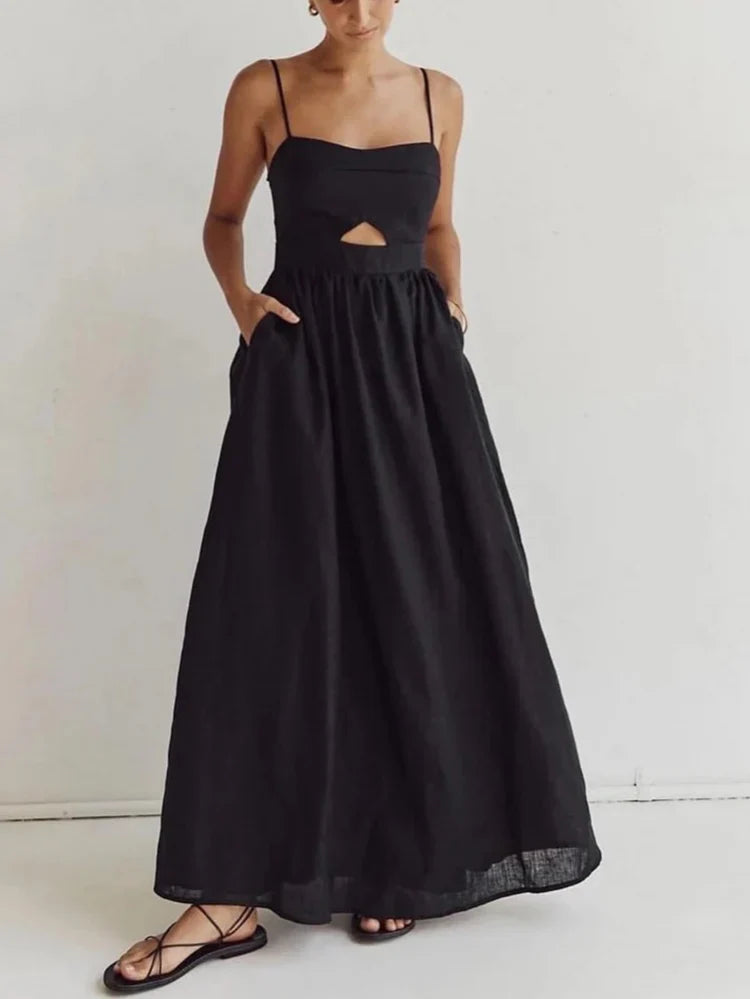 Elegant Black Cotton Ankle-Length Dress