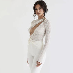 Sheer Cutout Tie Front Long Sleeve Lace Top - White