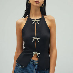 Pydshop Sexy Jewelry Bow Cut Out Lace Up Crop Top Womens Sleeveless Strapless Hot Girl Club Party Top Slim Solid  Navel Short Topchristmas Gifts