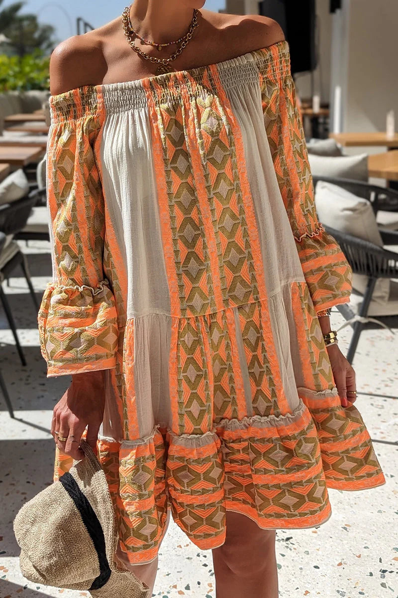 Casual Vacation Color Block Contrast Off The Shoulder Dresses