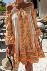 Casual Vacation Color Block Contrast Off The Shoulder Dresses