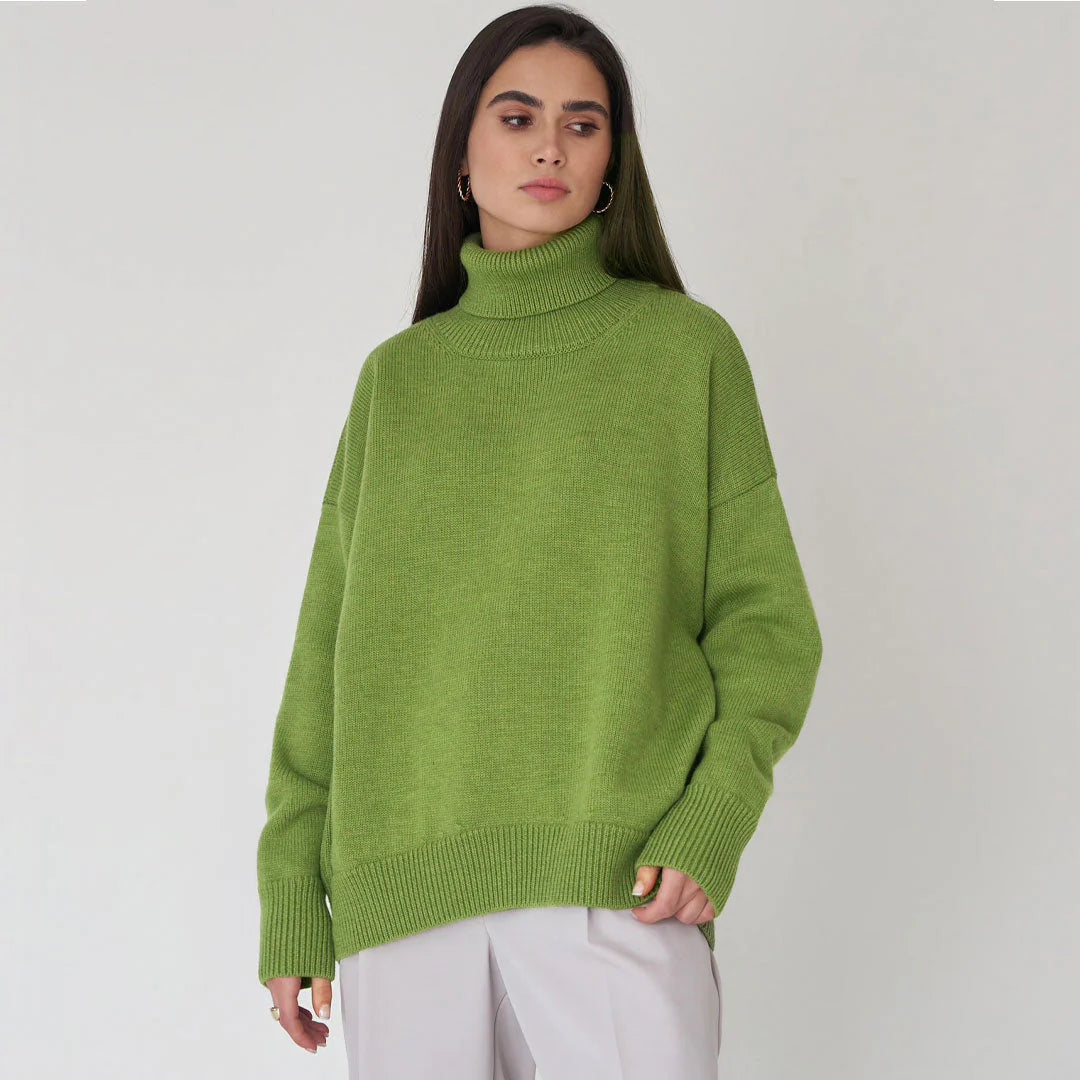 High Low Turtleneck Long Sleeve Sweater - Olive