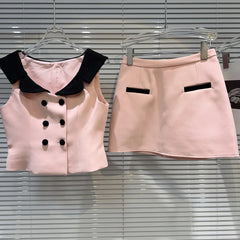 Pydshop Contrast Short Sleeve Buttoned Vest Top And Mini Skirt Set