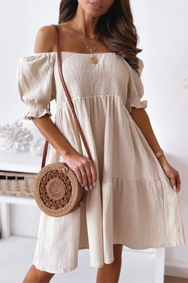 Casual Elegant Solid Patchwork Flounce Off The Shoulder A Line Dresses(3 Colors)