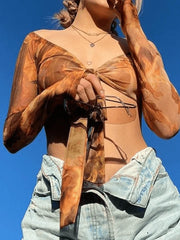Lace Up Off Shoulder Mesh Blouse