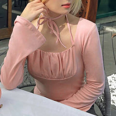 Pydshop 2024 Fashion Woman Tops Y2K Style Pink Halter Flare Sleeve Square Neck Top