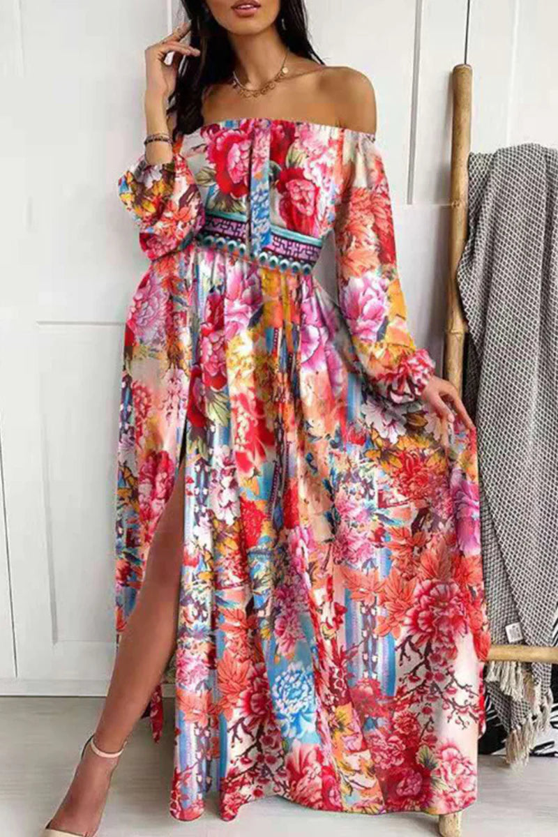 Fashion Print Off The Shoulder Waist Skirt Dresses(4 Colors)