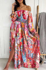 Fashion Print Off The Shoulder Waist Skirt Dresses(4 Colors)